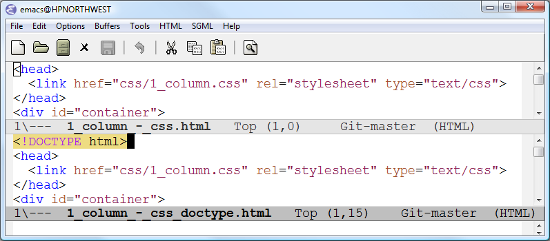 only difference between files is DOCTYPE html